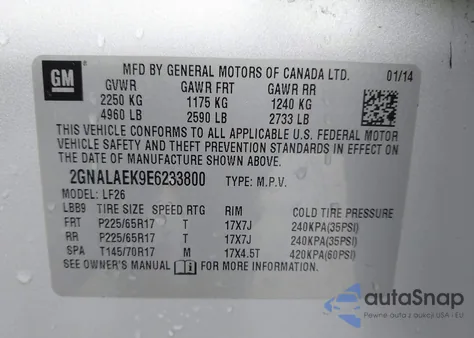 2014 Chevrolet Equinox Ls z USA, uszkodzony, nr VIN 2GNALAEK9E6233800